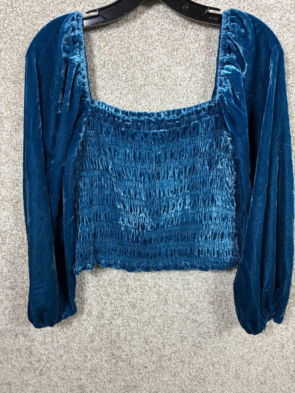 Anthropologie Womens M Teal Velvet Smocked Top Square Neck Puff Sleeve Boho